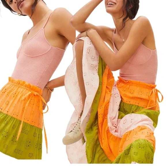 ANTHROPOLOGIE HUTCH Fantine Maxi Skirt-color-block eyelet-elastic waist SZ XS - Picture 2 of 10